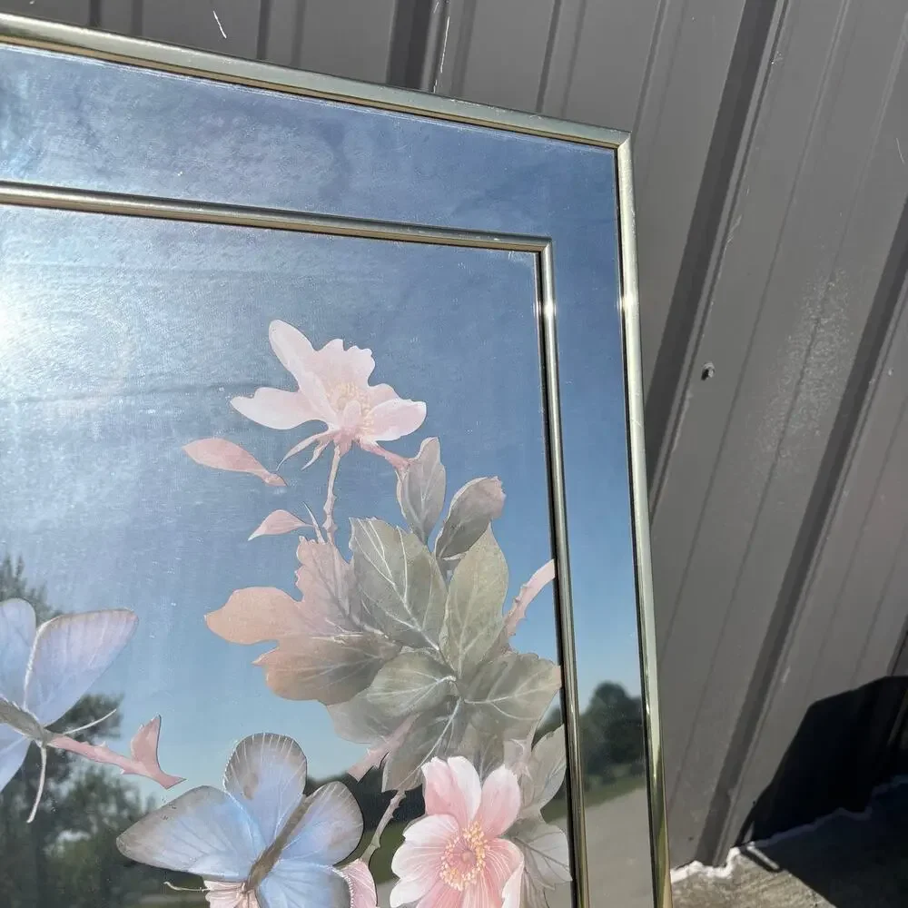Vtg MCM Gold Framed Mirror Butterflies Flowers 22x28” ‘80s Marsel Hollywood Reg.